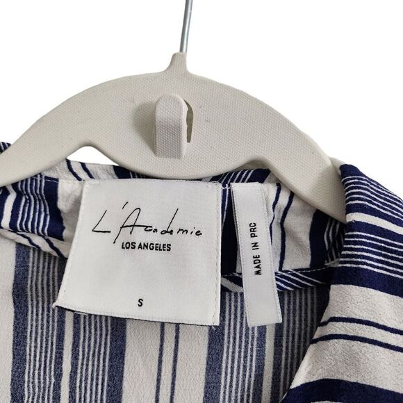 L’Academie Revolve‎ Blouse Small Blue & White Striped Top Ruffled Tie Neck - Picture 2 of 9